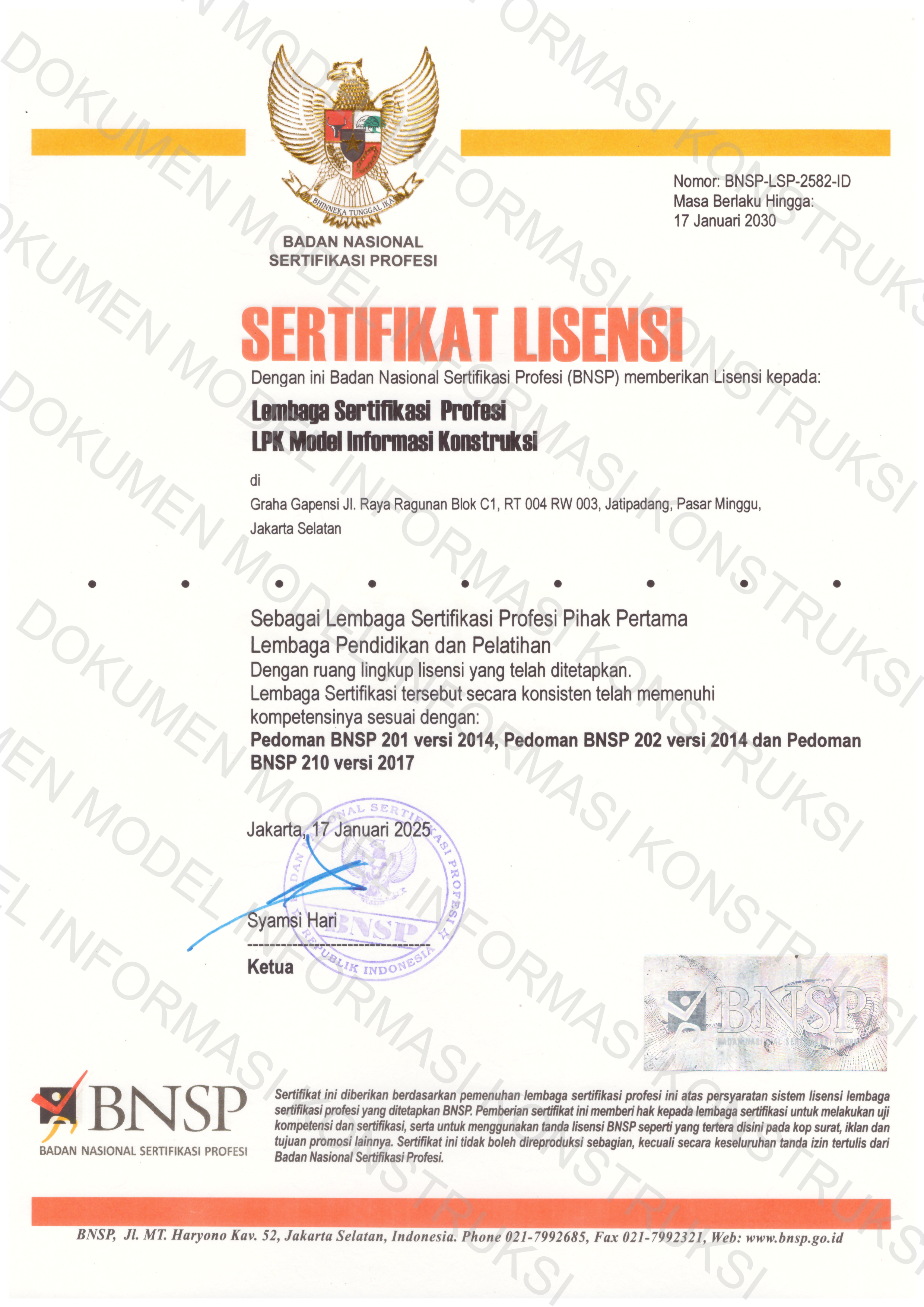 Sertifikat Lisensi BNSP